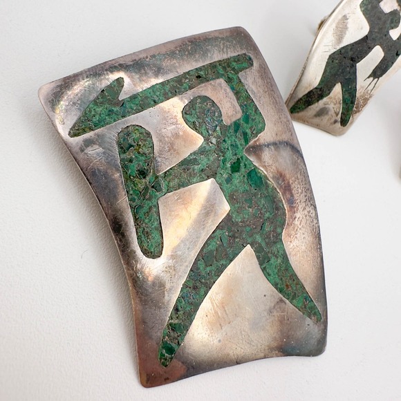 Taxco Sterling Silver Inlaid Crushed Turquoise Warrior Brooch/Pendant w Earrings - Picture 6 of 13